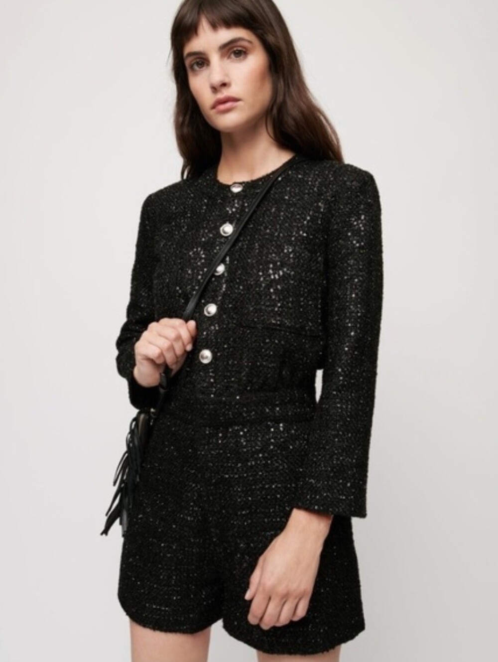 Maje Paris Black Sequin Tweed Romper Playsuit Size 36/ US 4